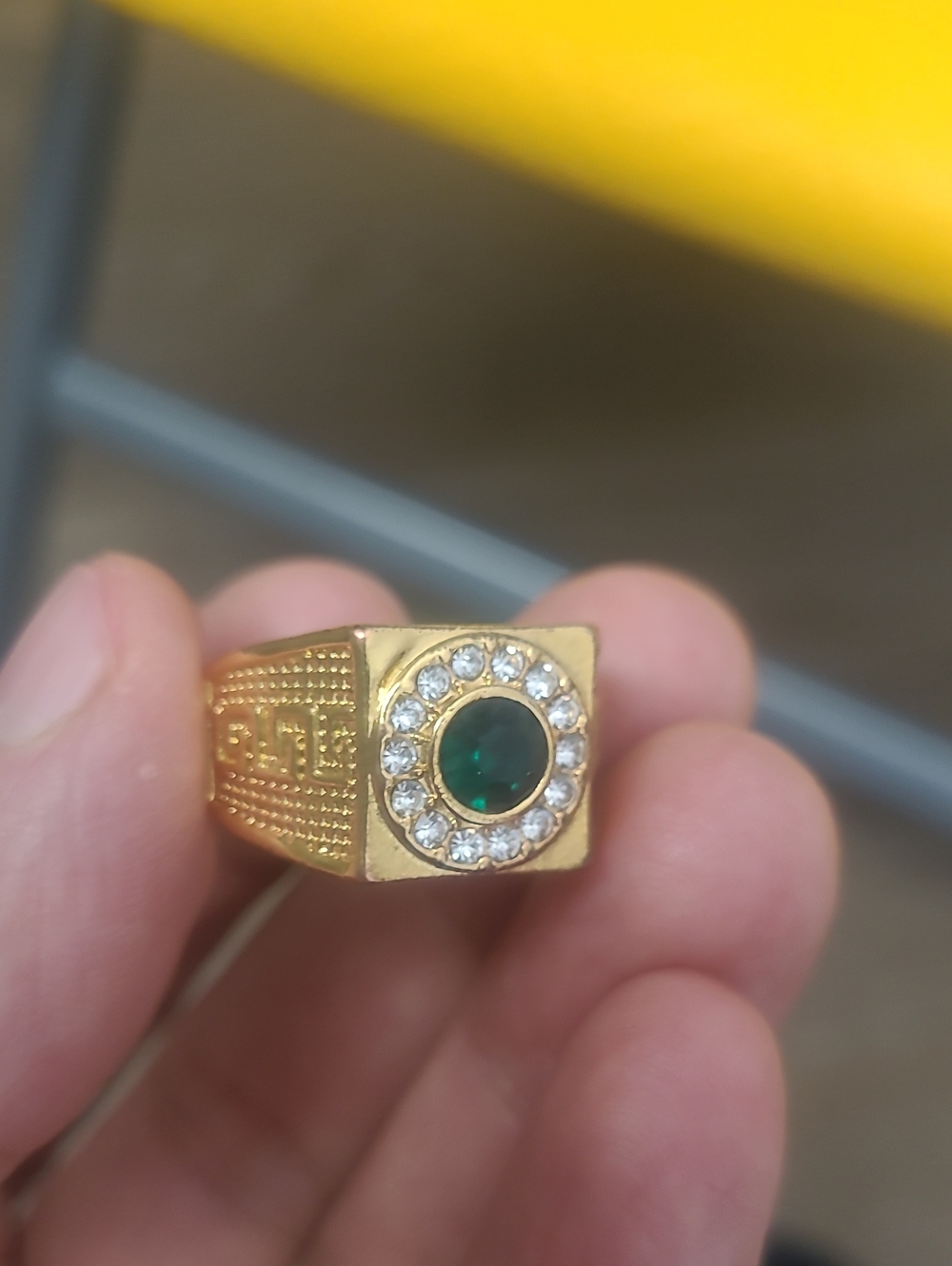 Thai Gold-Tone Diamond Ring with Green Center Stone and Clear Accents